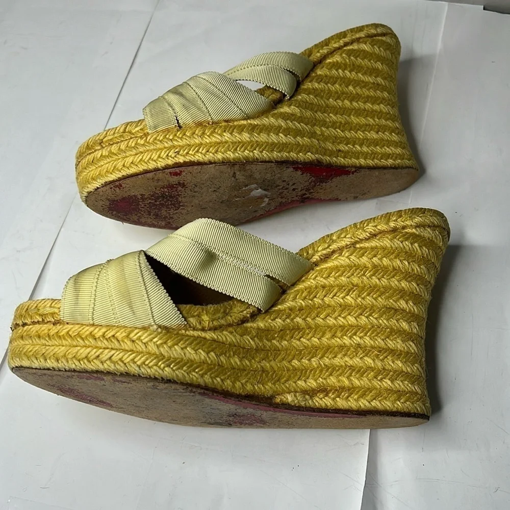 Christian Louboutin Sz 6 Yellow Ribbon Espadrille Wedges Heels Backless Sandals